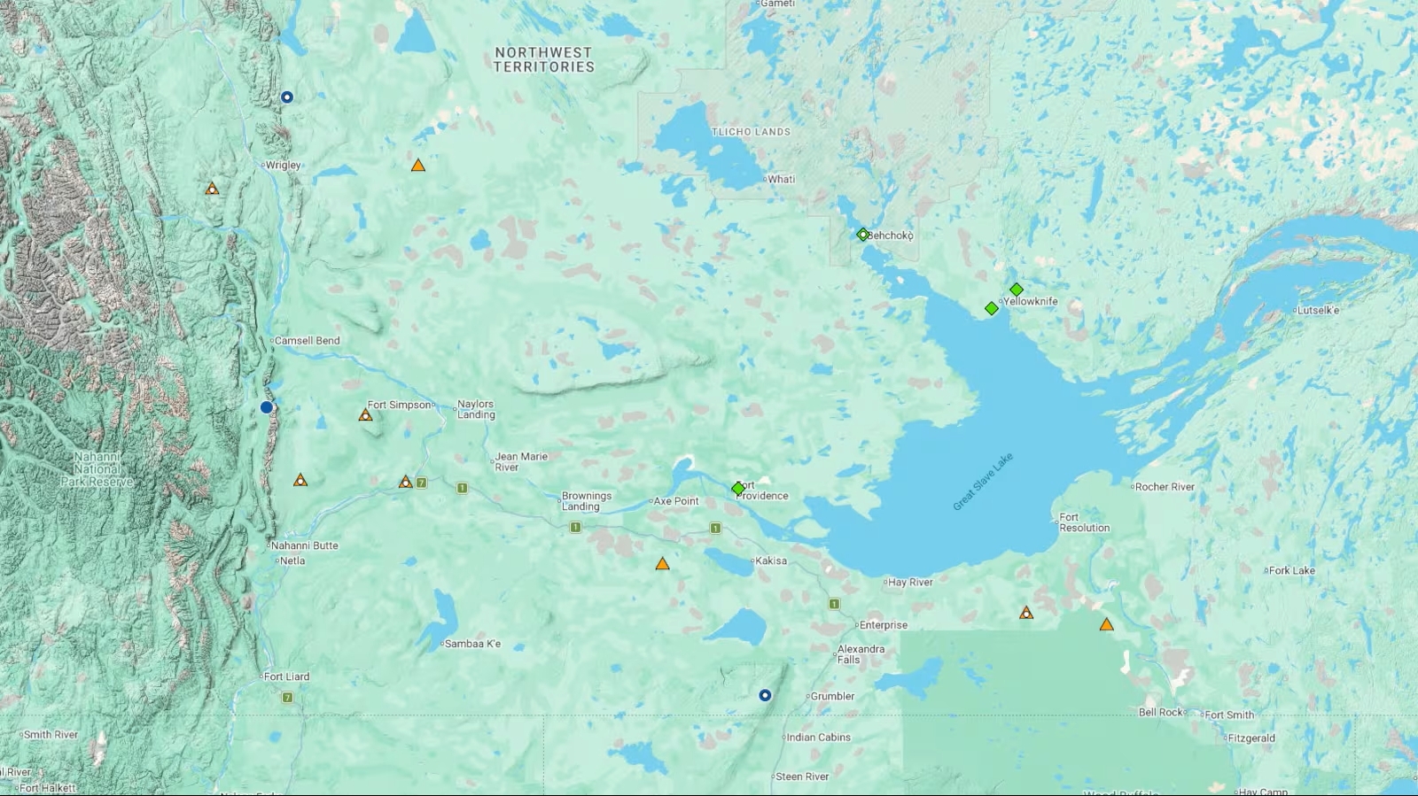 Northwest Territories live fire map, June 25, 2026. Three people were involved in a plane crash 50 kilometres from Fort Simpson, west of Yellowknife. 