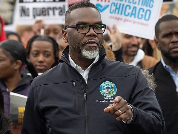  Mayor Brandon Johnson participates in a May Day march on May 01, 2026 in Chicago, Illinois. (Scott Olson/Getty Images)