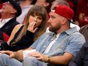 (L-R) Singer Taylor Swift and Travis Kelce of the Kansas City Chiefs attend Game Three between the New York Knicks and the Cleveland Cavaliers in the NBA Eastern Conference Finals at Rocket Arena on May 23, 2026 in Cleveland, Ohio.