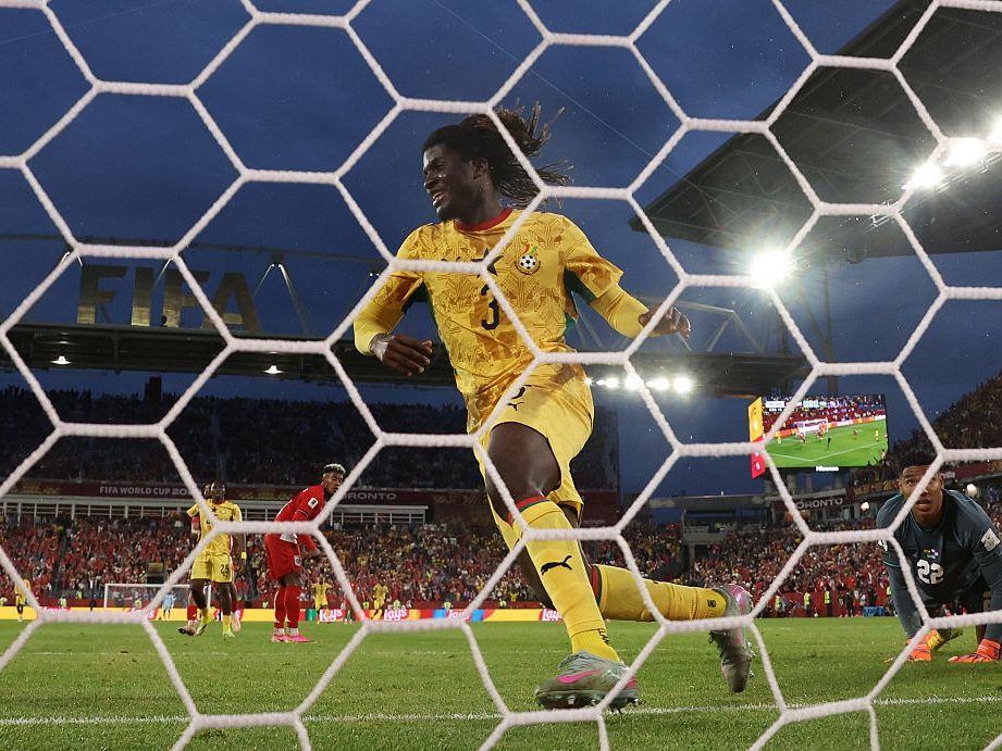 Caleb Yirenkyi #3 of Ghana celebrates after scoring his team's first goal during the FIFA World Cup 2026 Group L match between Ghana and Panama at Toronto Stadium on June 17, 2026 in Toronto, Ontario.