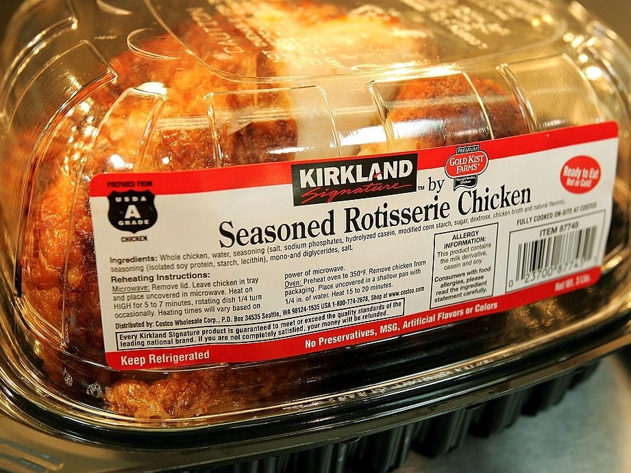  A Kirkland Signature premium brand roasted rotisserie chicken sits at a Costco store June 16, 2005 in Niles, Illinois. (Tim Boyle/Getty Images)