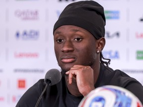 Ismael Kone of Canada talks to the media during a press conference one day ahead of the FIFA World Cup Group B match between Canada and Qatar at B.C. Place in Vancouver, June 17, 2026.