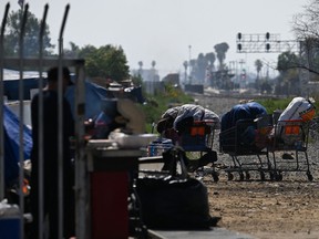 Shopping carts filled with belongings stand near a homeless encampment in the Panorama City neighbourhood of Los Angeles, June 1, 2026.