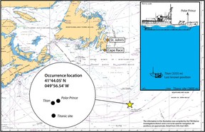 Map showing the area of the occurrence, with inset images showing the locations of the Titanic, the Titan, and the Polar Prince