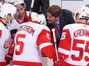 Head coach Mike Babcock delivers a message to his Detroit Red Wings players, including star defenceman Nicklas Lidstrom, during a Stanley Cup playoff game in 2010.