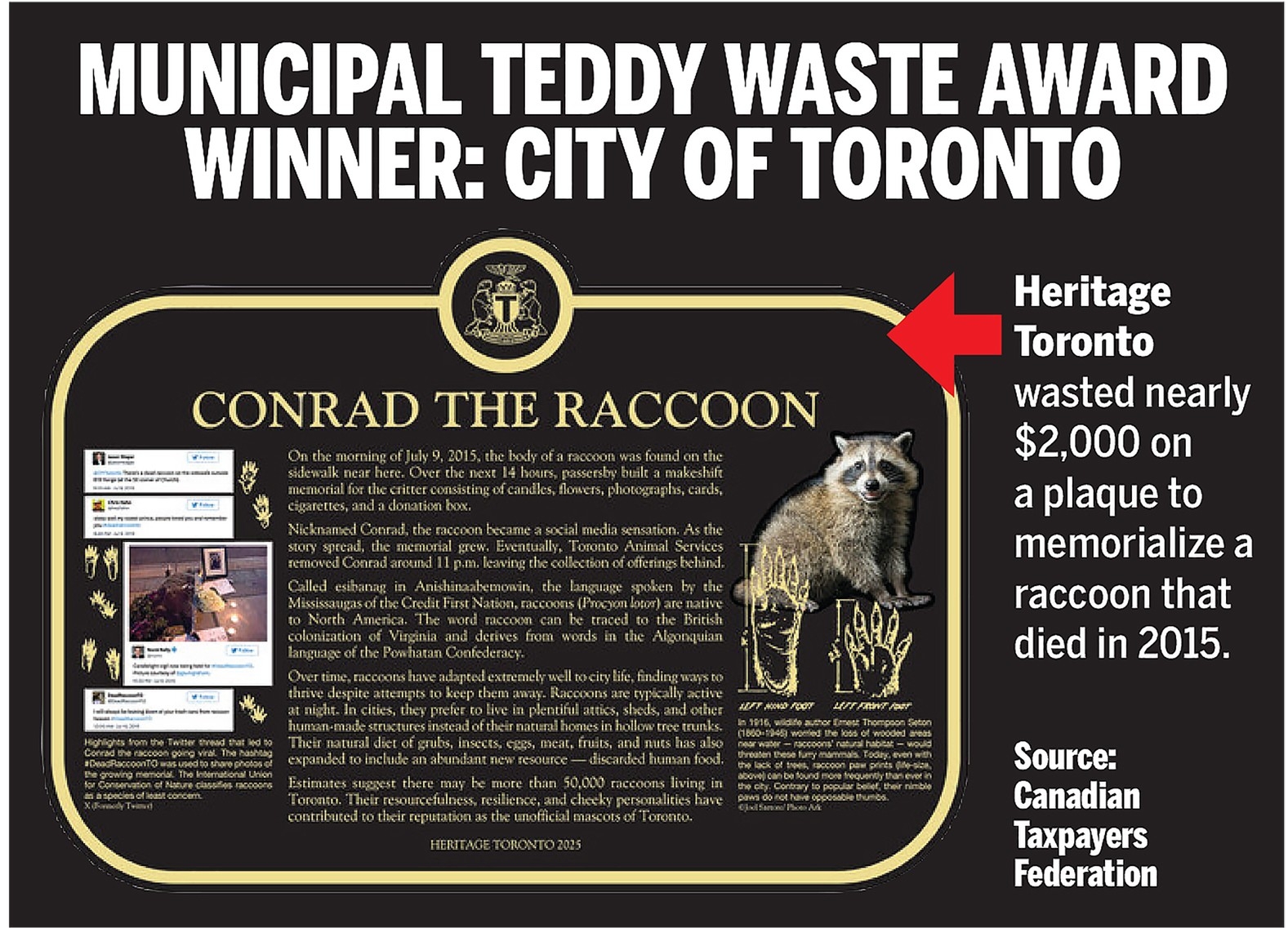  The Canadian Taxpayers Federation’s latest municipal Teddy Waste Award winner is the City of Toronto for wasting $2,000 on a plaque memorializing a raccoon that died in 2015.
