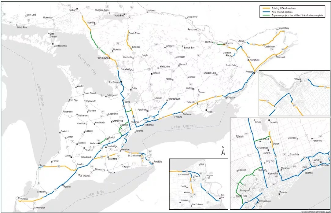  A map from the province shows where the 110 kilometre per hour speed limit is already in place and where it will be implemented.