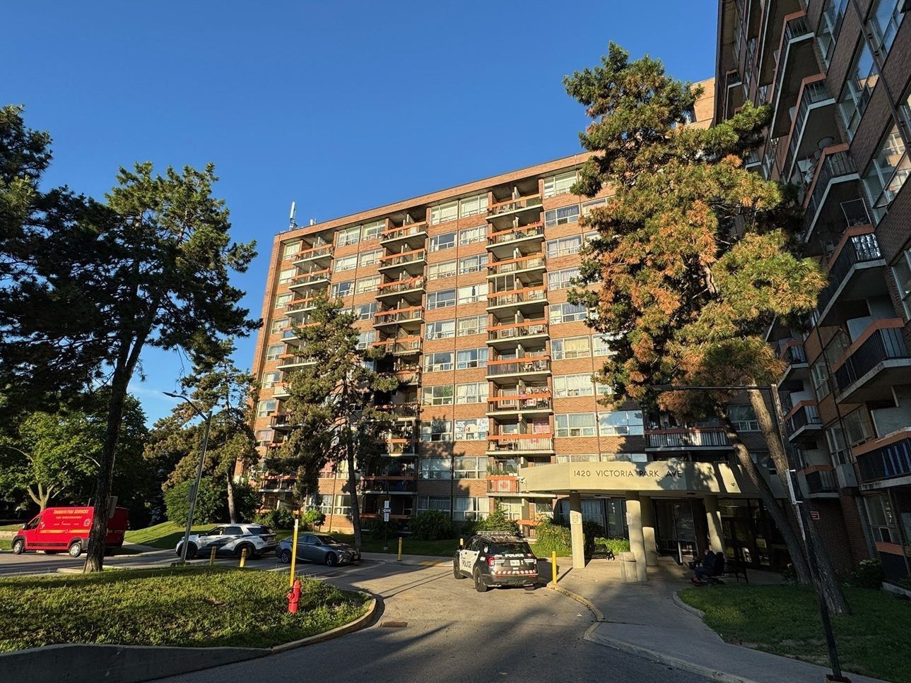 An apartment building on Victoria Park Ave., south of Eglinton Ave., in Toronto was the scene of a two-alarm blaze early on Sunday, June 28, 2026.