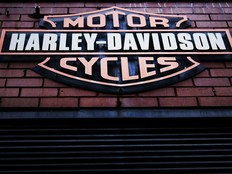 The Harley-Davidson logo is displayed on a building at the New York store on March 8, 2018 in New York City.