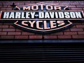 The Harley-Davidson logo is displayed on a building at the New York store on March 8, 2018 in New York City.