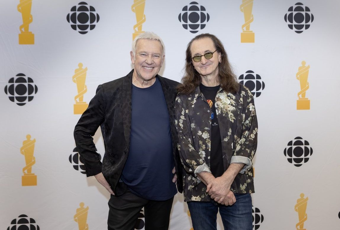 Canadian rock icons Alex Lifeson and Geddy Lee of Rush after performing at the 2026 Juno Awards in Hamilton, Ont., on Sunday March 29, 2026.