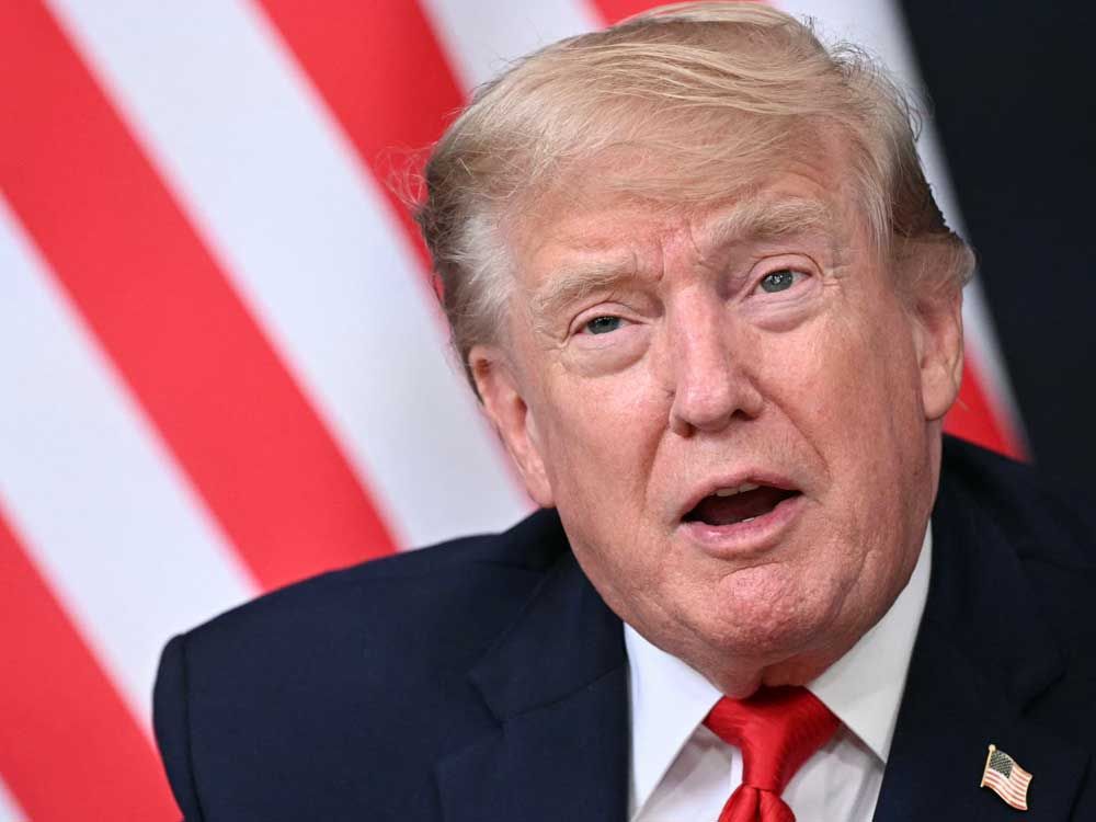US President Donald Trump delivers a speech during his bilateral meeting with the President of the United Arab Emirates during the G7 summit on June 16, 2026 in Evian, eastern France.