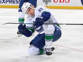 Teddy Blueger of the Vancouver Canucks celebrates a goal against the New York Islanders earlier this year.