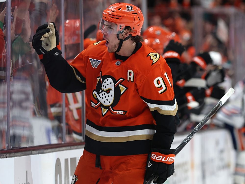 Leo Carlsson of the Anaheim Ducks celebrates a goal against the Edmonton Oilers in Game 6 of their first-round of Stanley Cup playoff series.