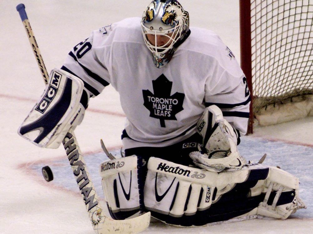 Maple Leafs goaltender Ed Belfour makes a save
