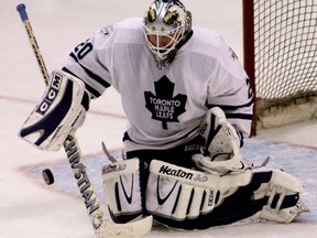 Maple Leafs goaltender Ed Belfour makes a save