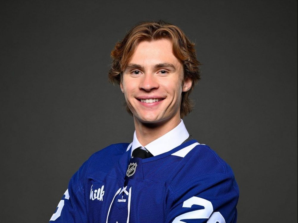Gavin McKenna poses for a portrait after being selected first overall by the Toronto Maple Leafs during day one of the 2026 NHL Draft on June 26, 2026 in Buffalo, N.Y. 