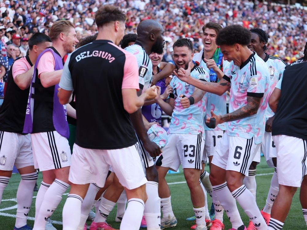 Romelu Lukaku of Belgium celebrates by dancing with teammates after scoring his team's fourth goal during the FIFA World Cup 2026 Round of 16 match against USA.