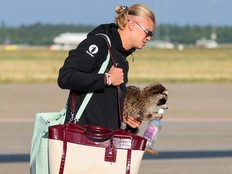 Norway's Erling Braut Haaland is pictured after getting off the plane as the Norway's national football team landed at Oslo's Gardermoen Airport.