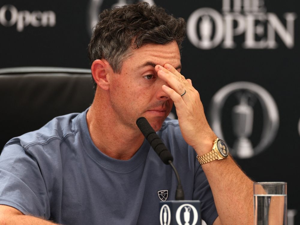 Rory McIlroy gestures during a press conference ahead of the 154th Open Golf championship at Royal Birkdale Golf Club.