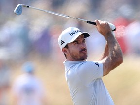 Nick Taylor of Canada plays his second shot on the 10th hole during a practice round prior to The 154th Open Championship at Royal Birkdale.
