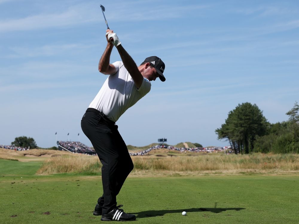Nick Taylor of Canada tees off on the fifth hole on day one of the The 154th Open Championship at Royal Birkdale.