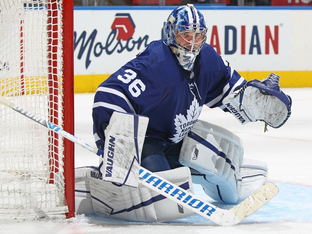 Jack Campbell of the Toronto Maple Leafs watches for a shot against the Pittsburgh Penguins during a game in 2022.