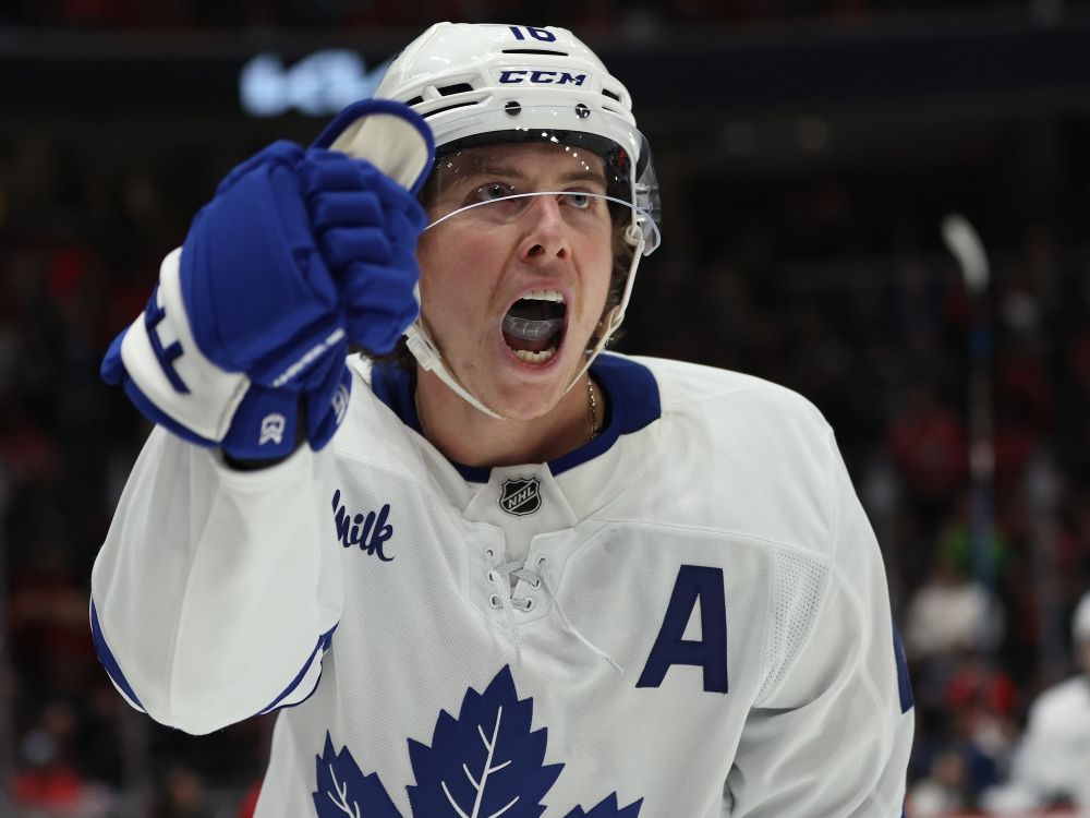 Mitch Marner of the Toronto Maple Leafs celebrates after scoring a goal against the Washington Capitals in 2024.
