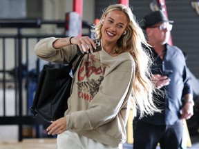 Sophie Cunningham of the Indiana Fever arrives at Michelob ULTRA Arena for a game against the Las Vegas Aces.