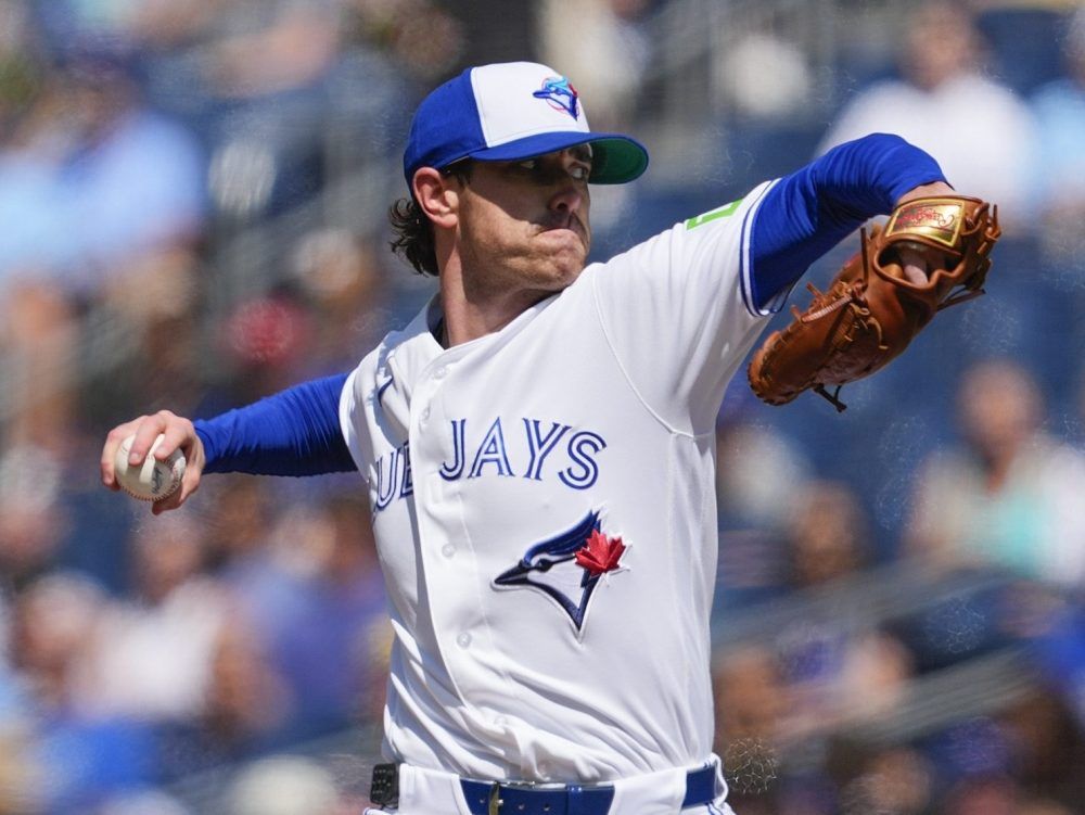 Shane Bieber of the Toronto Blue Jays pitches against the Tampa Bay Rays during the first inning in their MLB game at the Rogers Centre on July 23, 2026 in Toronto,