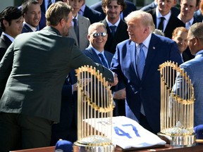 Donald Trump shakes hands with pitcher Clayton Kershaw
