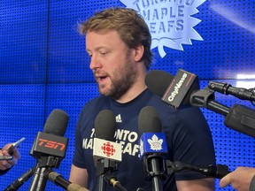 Toronto Maple Leafs defenceman Morgan Rielly speaks to media in 2025.