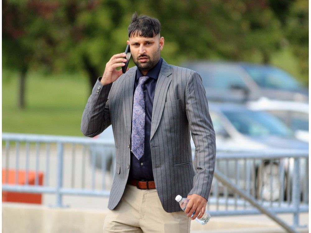 Charanpreet Singh from Brampton walks toward the Sarnia courthouse during his Blue Water Bridge drug smuggling trial in September 2025. (Terry Bridge/Sarnia Observer)