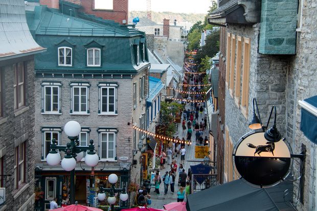 Rue du Petit-Champlain, a renowned, pedestrian-only cobblestone street in Old Quebec City. In a recent survey, Quebec City was deemed the safest city in Canada. 