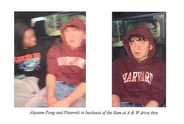  A court exhibit shows a Deren Akyeam-Pong, left, and Aiden Pleterski, in Harvard sweater, in the back seat of a pickup truck.