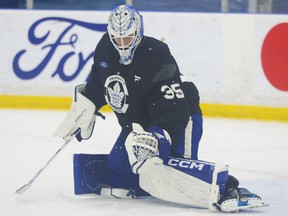 Goaltender Dennis Hildeby kicks away a puck at practice in Toronto on Sept. 26, 2025.