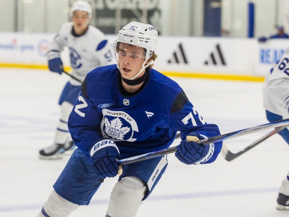 Gavin McKenna, the first pick overall in the NHL draft by the Maple Leafs, at development camp at the Ford Performance Centre in Etobicoke on Friday July 3, 2026.