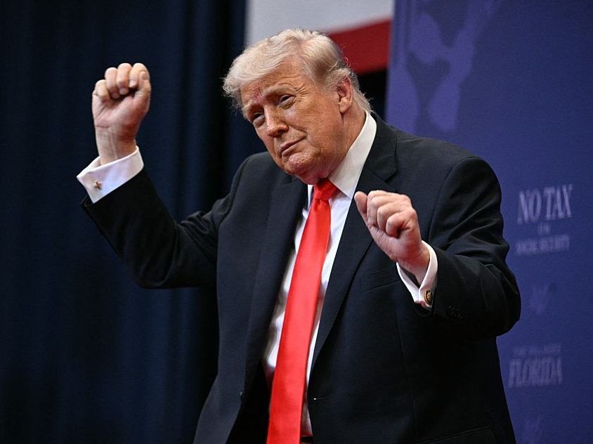 US President Donald Trump does his little dance after giving a speech about taxes and Social Security in The Villages, Florida, on May 1, 2026.