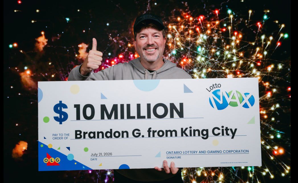 Brandon G. of King City, Ont., won $10-M in the May 29, 2026 Lotto Max draw (OLG). Brandon G. of King City, Ont., won $10-M in the May 29, 2026 Lotto Max draw (OLG).