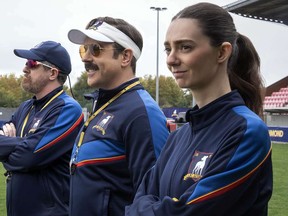 Brendan Hunt, Jason Sudeikis and Tanya Reynolds in "Ted Lasso," premiering Aug. 5, 2026 on Apple TV.