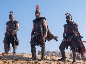 Jimmy Gonzales as Cepheus, Matt Damon as Odysseus and Himesh Patel as Eurylochus in 'The Odyssey.'