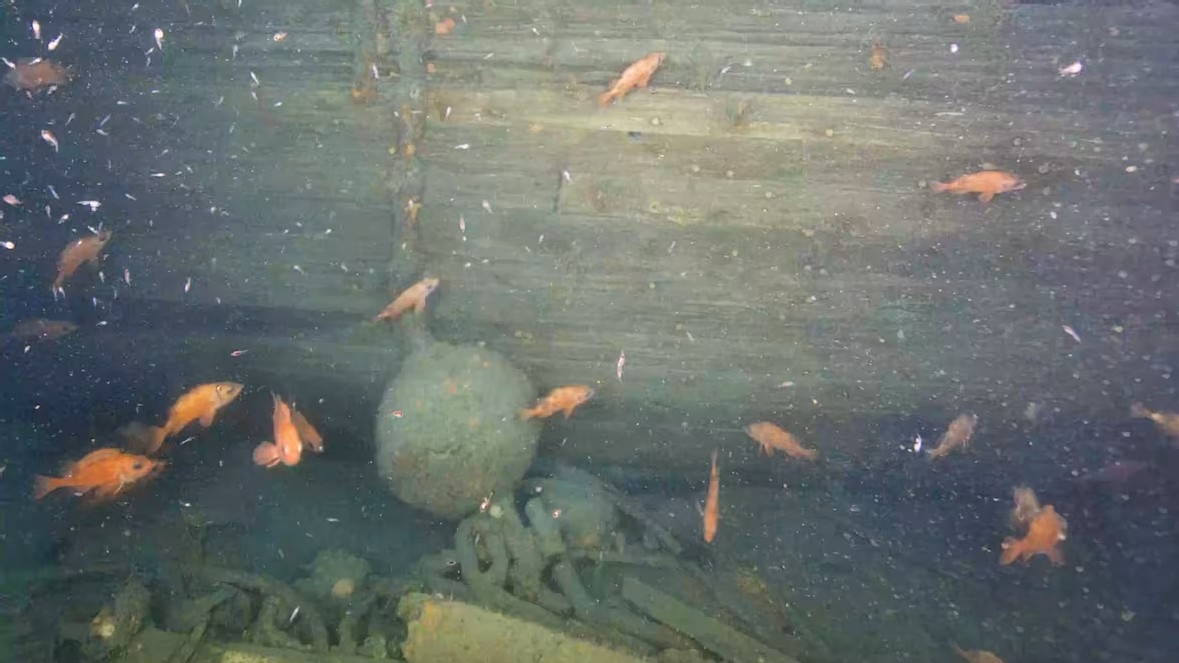 Underwater images taken by a remotely operated vehicle almost 400 metres below the surface of the Labrador Sea show the wreck of Quest. Underwater images taken by a remotely operated vehicle almost 400 metres below the surface of the Labrador Sea show the wreck of Quest.