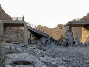 A heavily-damaged bridge which was hit by a U.S. strike is pictured along the road connecting Roudan and Bandar Abbas in southern Iran on July 18, 2026.