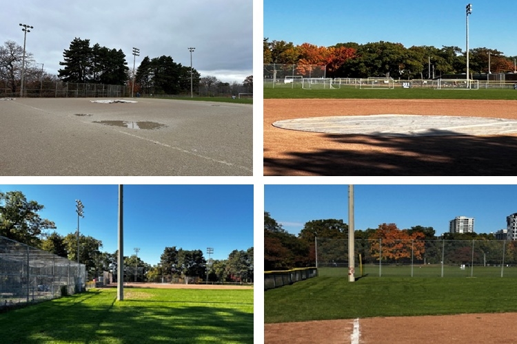  Jack Wilson field at High Park is overdue for lighting upgrades. Some of the issues: One of the old light fixtures, top left, is leaning; There’s no lighting in centre field, top right; and two of the posts are on the playing field, in foul territory, bottom left and right.