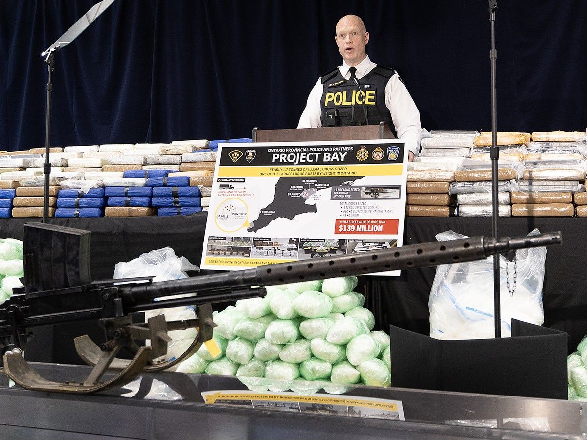 Ontario Provincial Police Detective Superintendent Andy Bradford speaks during a press conference on Thursday, July 23, 2026 at Windsor City Hall regarding a massive drug bust.