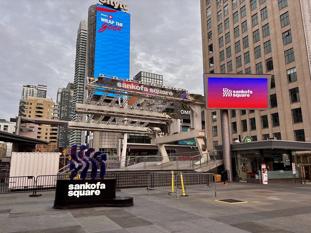 Signage for Sankofa Square, at Yonge and Dundas Sts. in Toronto, is seen on Nov. 24, 2025. 