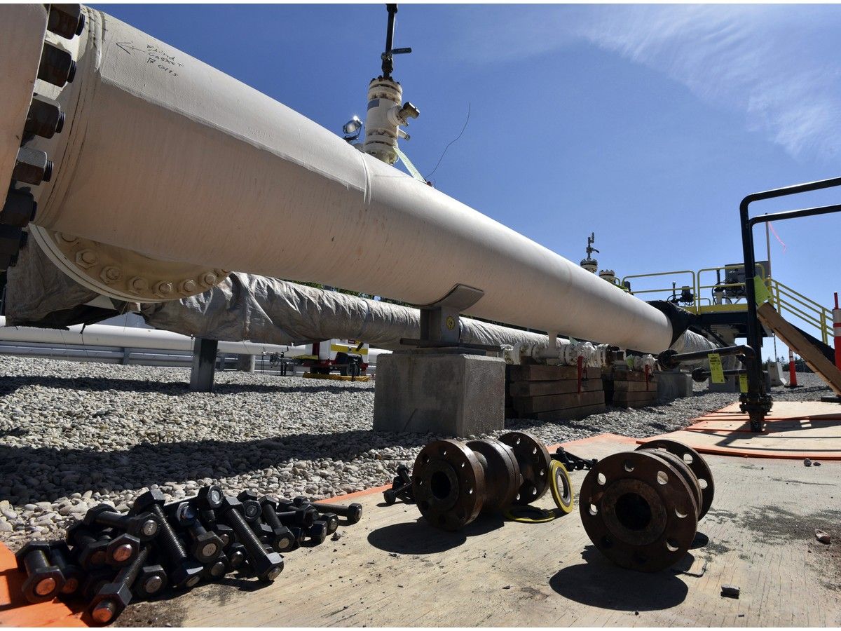 In this June 8, 2017, file photo, fresh nuts, bolts and fittings are ready to be added to the east leg of the Enbridge Line 5 pipeline near St. Ignace, Mich.