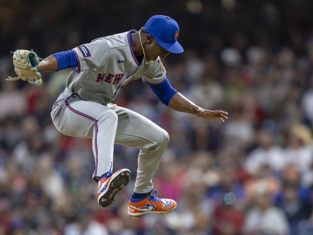 Jefry Yan of the New York Mets celebrates a strikeout during his Major League debut against the Cleveland Guardians.