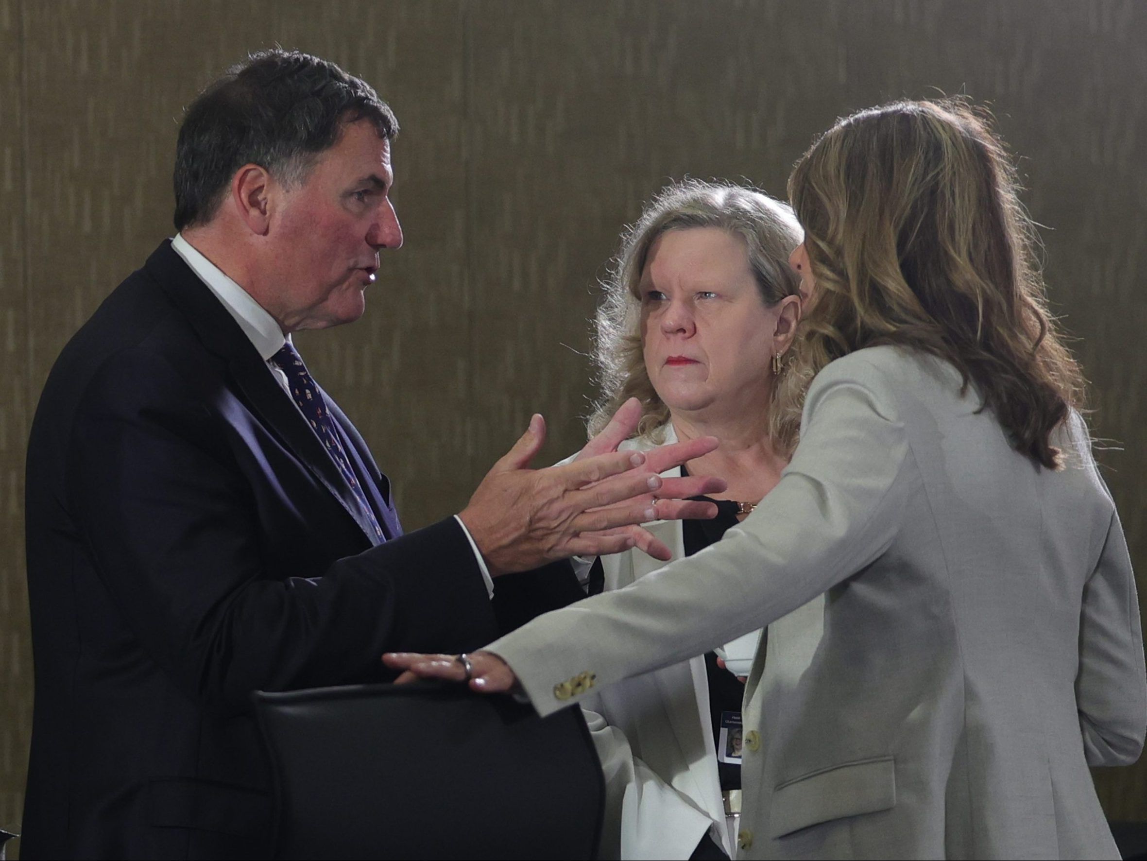 Dominic LeBlanc, Janice Charette and Danielle Smith speak at a first ministers meeting in Charlottetown.