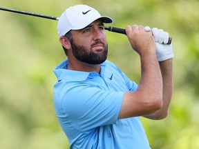 Scottie Scheffler plays his shot from the eighth tee during the final round of the BMW Championship 2026.